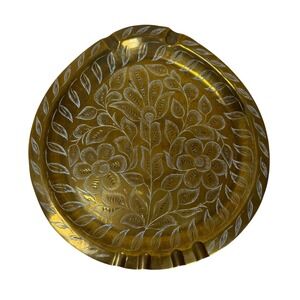 Sarna Brass Etched Floral Ashtray India 478T Gold Vintage Boho Decor 9.25x9"